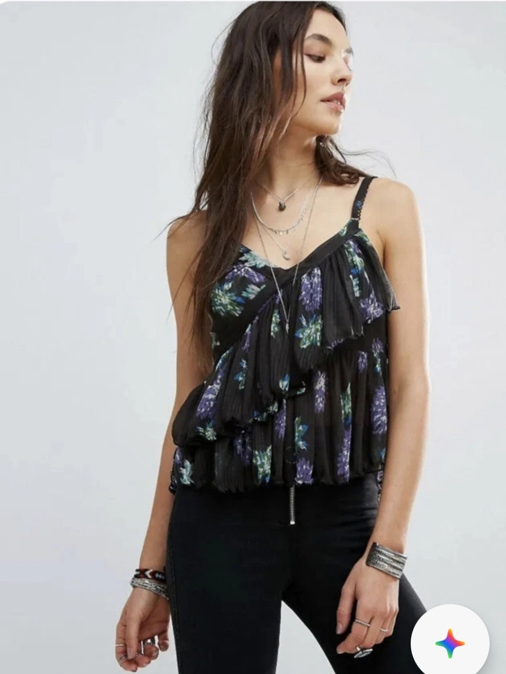FREE PEOPLE Black Melbourne Floral Ruffle Tank M Boho Festival Feminine C597